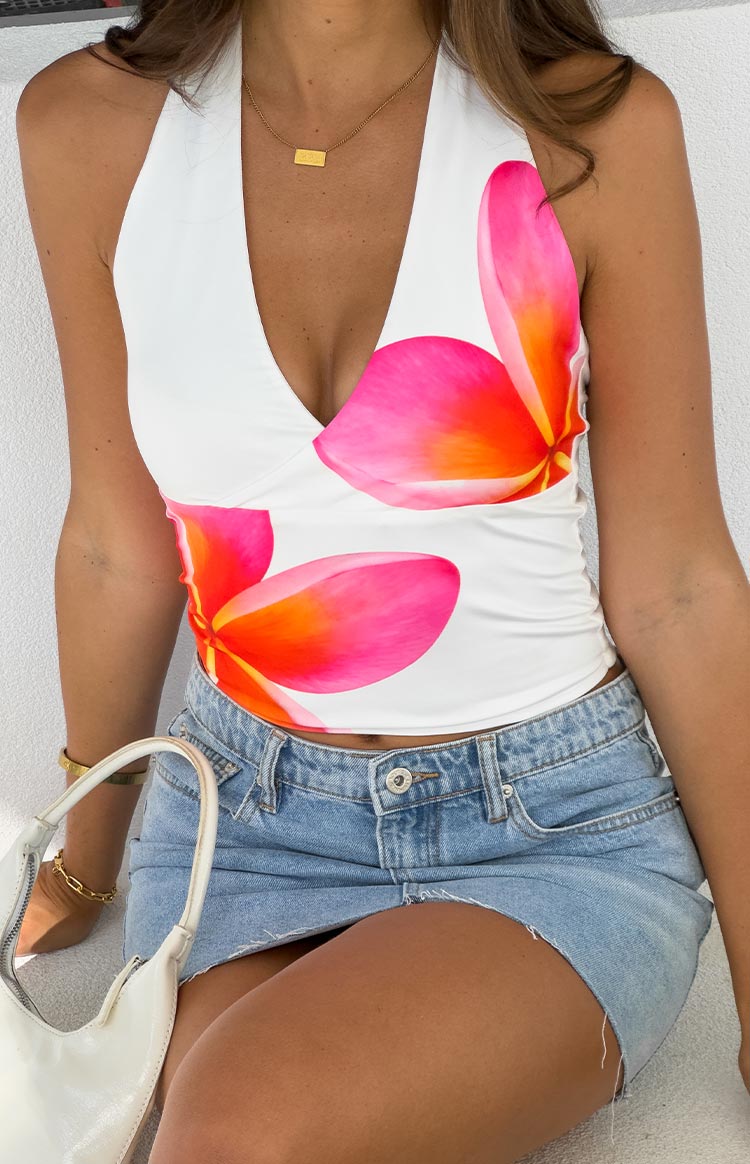 Amora White Frangipani Print Halter Top Image
