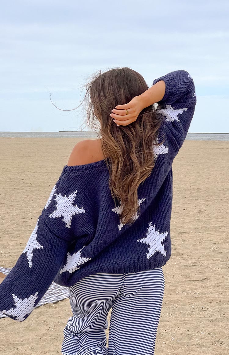 Delvey Navy Star Chunky Knit Sweater Image