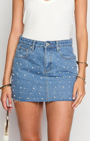 Denim Dazzle Pearl Mid Wash Mini Skirt