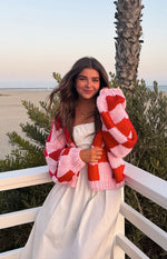 Envi Pink And Red Checkered Knit Cardigan Image