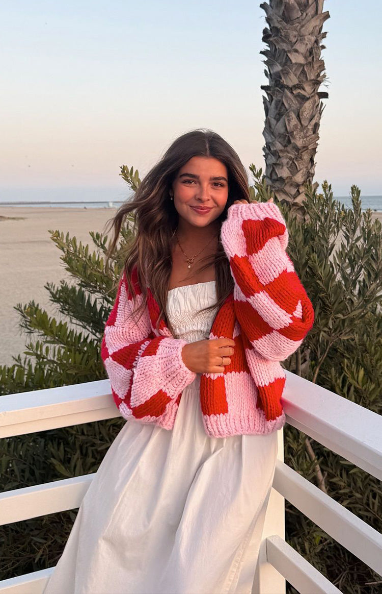 Envi Pink And Red Checkered Knit Cardigan Image
