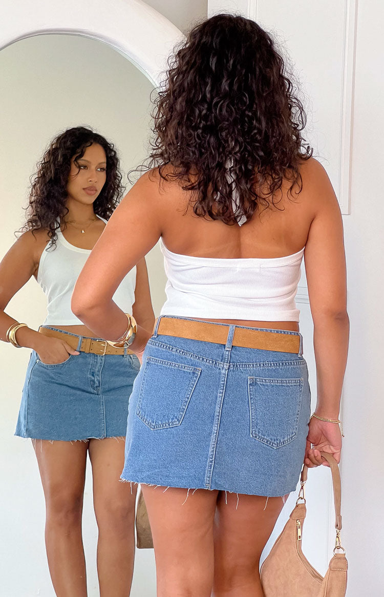 Siletto Mid Wash Denim Low Rise Mini Skirt Image