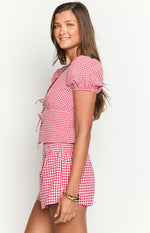 Wednesday Red Gingham Puff Sleeve Tie Top Image